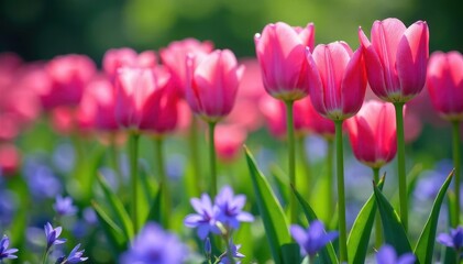 Fototapeta premium Colorful tulip mix with delicate violets in shades of blue-purple amidst lush greenery, tulip fields, colored flowers, purple flowers