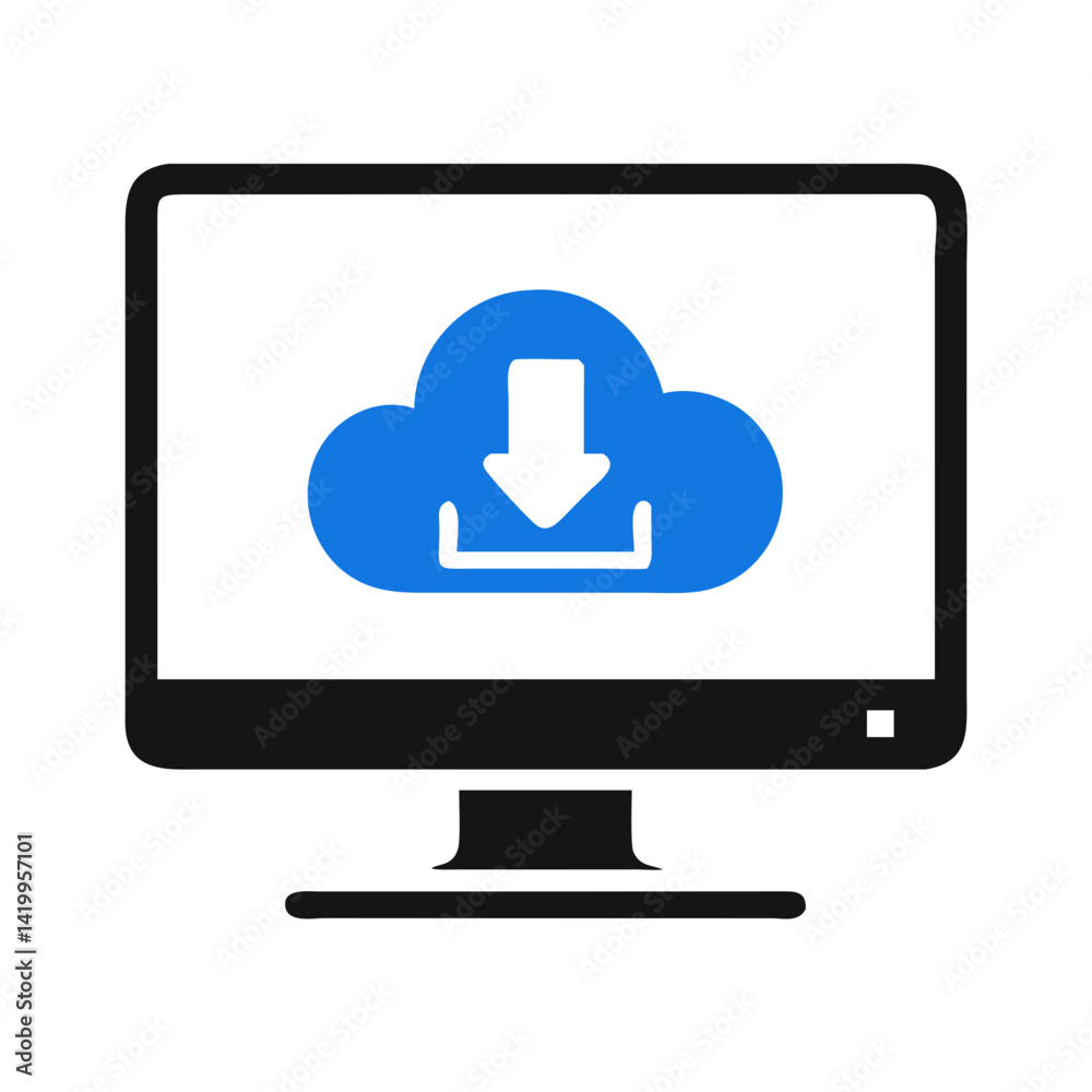 Poster Cloud Download on Monitor Icon Representing Cloud Storage and Data Access
