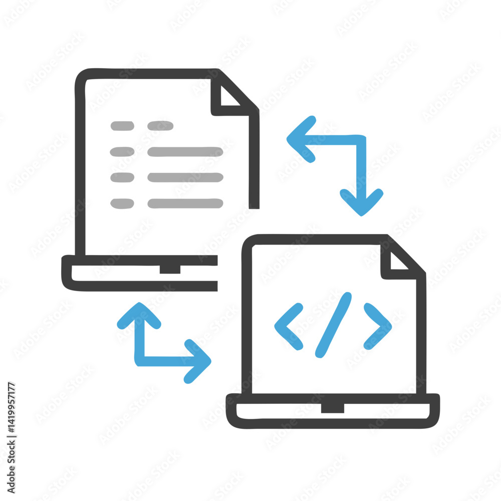 Poster Code File Transfer Icon Representing Development and Data Migration