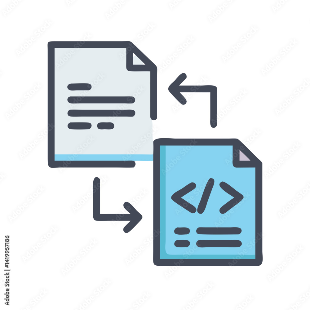 Poster Code File Transfer Icon Representing Development and Data Migration