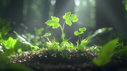 Small Green Plant Sprouting In Forest Sunlight