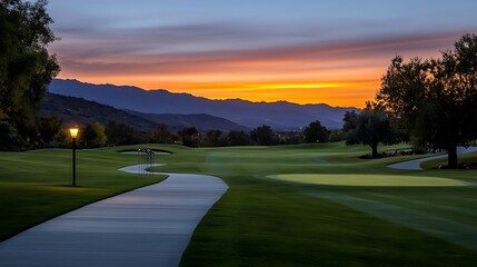 Golden sunset over a winding golf course pathway.