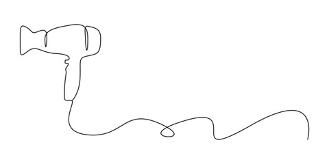 One continuous line drawing of hair drier. Single line art outline drier. Hand drawn vector illustration