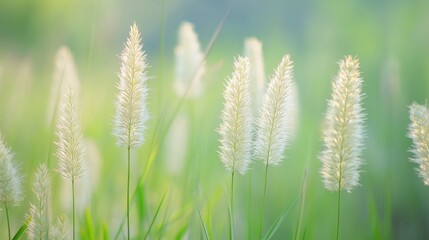 Fototapeta premium A close-up of wild grass flowers with their feathery tops highlighted against a blurred green meadow, emphasizing their delicate structure and natural elegance.