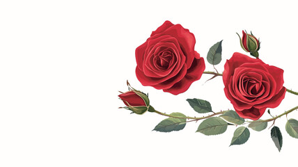 Fototapeta premium A vibrant digital illustration shows a bouquet of red roses arranged horizontally against a pure white background. The roses are in various states of bloom, with some fully open.