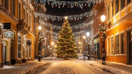 Obraz premium Snowy European city street decorated for Christmas.