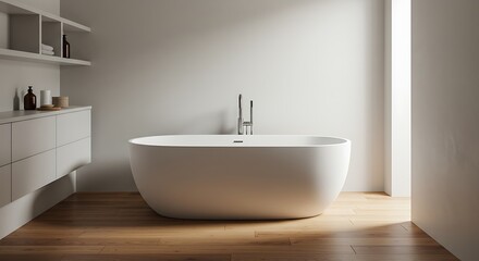 Bathtub in Bright Minimalist Bathroom with Wood Floor