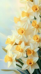 Fototapeta premium Luxury Yellow Daffodil Bouquet Background with Golden Sunbursts on Blue