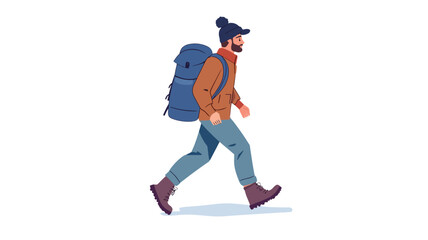 Vector illustration of a stylized male character rendered in a flat design aesthetic. The character has a beard, a knitted hat, a red-orange jacket and blue hiking pants.