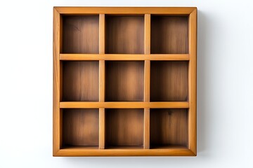 Wooden square wall shelf with nine compartments, each compartment has one empty wooden grid