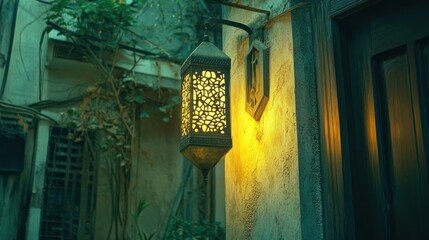 A beautiful hanging lantern illuminates a textured exterior wall surface