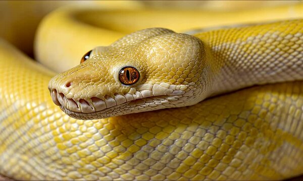Close-up shot reveals vibrant yellow snake with piercing gaze, coiled body, and detailed scales. A stunning reptile portrait