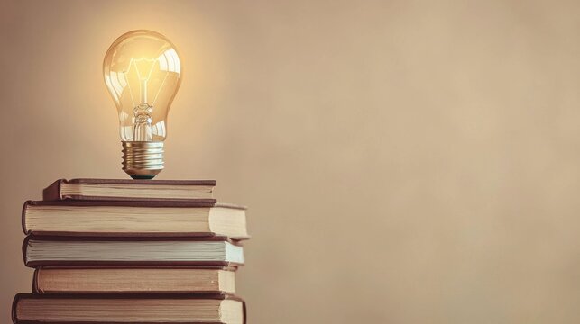 Creative ideas for innovation and brainstorming featu a glowing light bulb placed on top of stacked books symbolizing knowledge and inspiration in a warm-toned setting