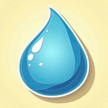ilustraci&oacute;n gota de agua 3D en tonos de azules silueta blanca para una pegatina, formado una ola en su interior, balanceando, equilibrio, naturaleza, bienestar salud fondo amarillo