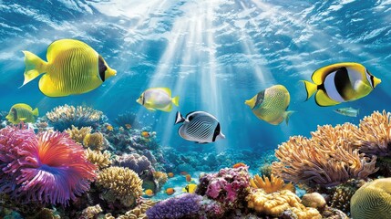 Naklejka premium Underwater adventure colorful coral reef tropical ocean gigapixel photography vibrant marine life