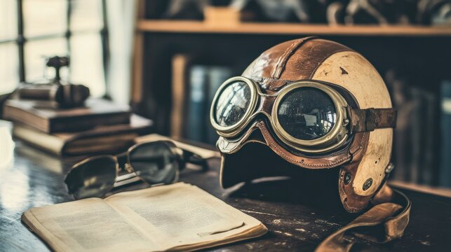 An antique leather pilot helmet with goggles sitting on a desk