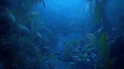 A dark misty tropical jungle scene with lush green foliage