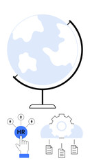 Globe on stand representing global reach, hand selecting HR, connecting people, cloud with gearwheel automating processes. Ideal for HR, recruitment, technology, globalization, teamwork automation