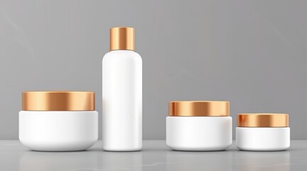 A sleek arrangement of cosmetic containers featuring white bodies and gold lids, set against a minimalist gray background.
