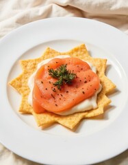 Appetizing Smoked Salmon Appetizer on Star Shaped Cracker, Cream Cheese, Garnished with Fresh Herbs, Elegant Plating