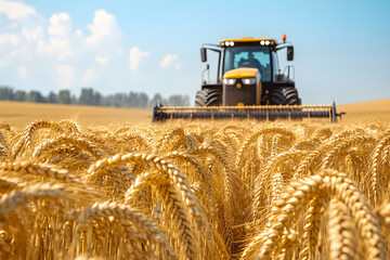 Fototapeta premium A tractor cuts through tall wheat, gathering the golden harvest on a sunny day