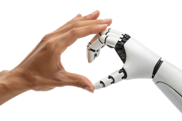 Human and robot hands forming a heart shape isolated on white background