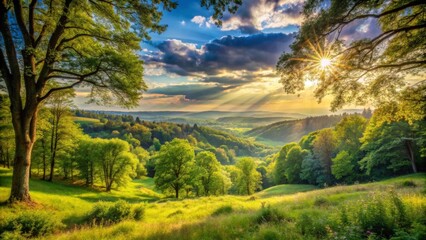 Serene Sunset Over Rolling Hills and Lush Green Foliage, Bathed in Golden Light