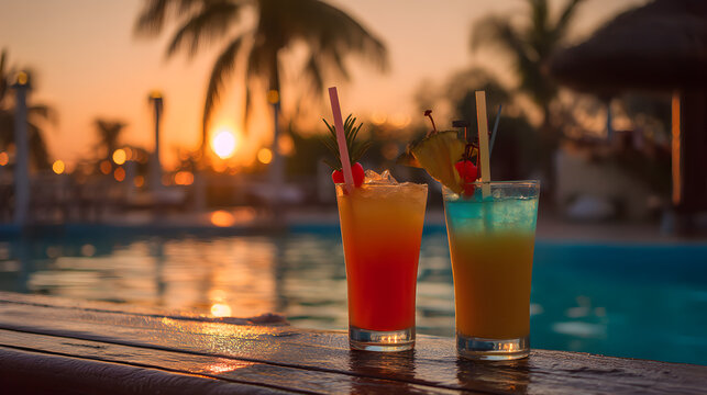 Sunset Cocktails by the Pool Tropical Vacation Drinks Photography