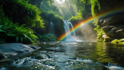 Waterfall Landscape With Rainbow Shining Through Mist in Lush Forest