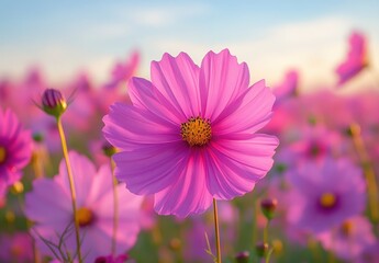 Fototapeta premium Beautiful Pink Cosmos Flower in Bloom Surrounded by Vibrant Garden Landscape Under Soft Sunrise Light