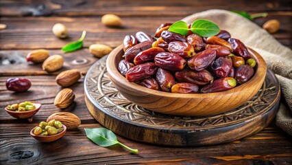 A wooden plate filled with dried dates and pistachios in a healthy snack form, arranged artfully for a food photography set, natural snacks, wholesome food