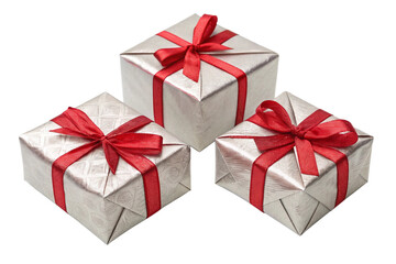 Fototapeta premium Three gift box with red ribbon, isolated ,transparent background, AI