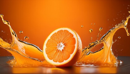 Slide cut piece of orange drop on orange background with orange juice splash water, copy space. Generated image