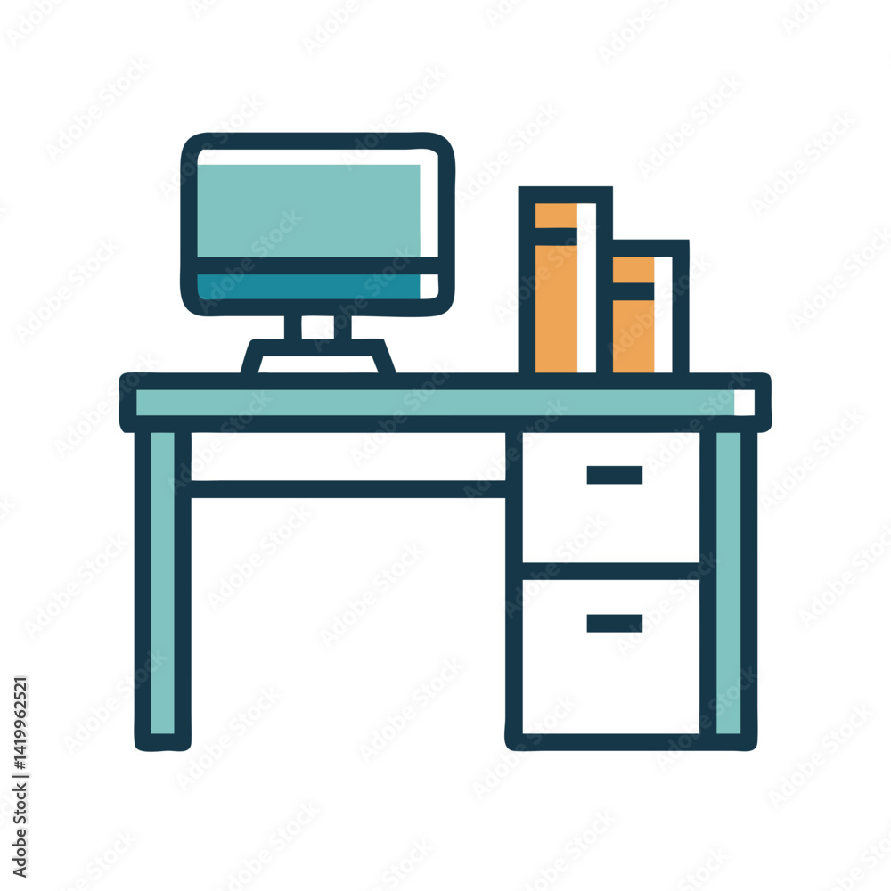 Poster office desk icon representing workstation table for professional and home office setup