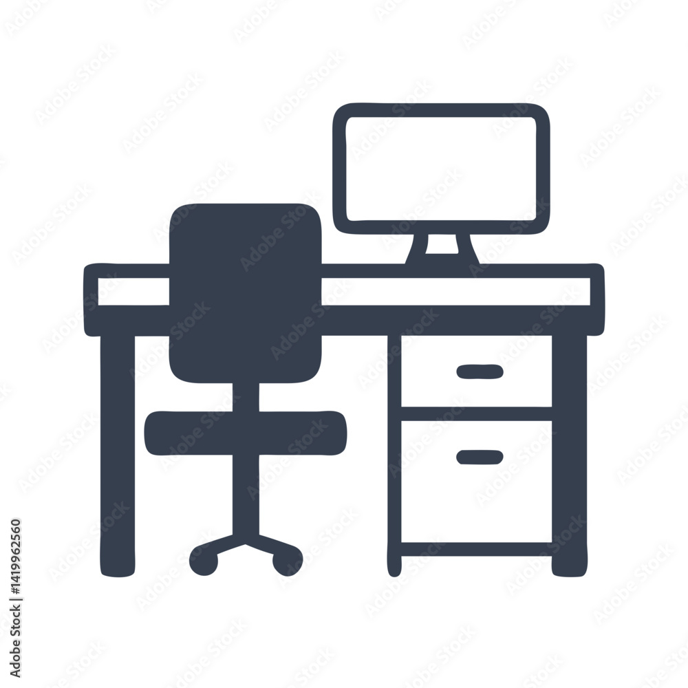 Poster office desk icon representing workstation table for professional and home office setup