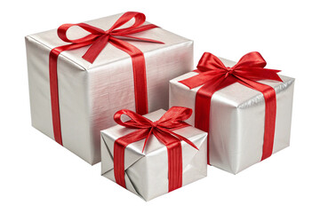 Three gift box with red ribbon, isolated ,transparent background, AI