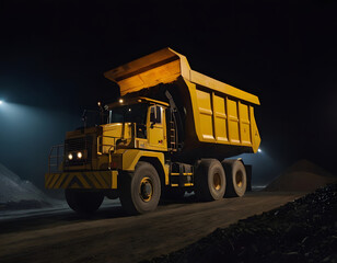 Obraz premium Large quarry dump truck in a coal mine at night. Mining equipment for the transportation of minerals. A heavy truck on the road near the work site.