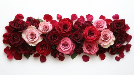 Obraz premium Vibrant Arrangement of Red and Pink Roses with Petals Isolated on White Background