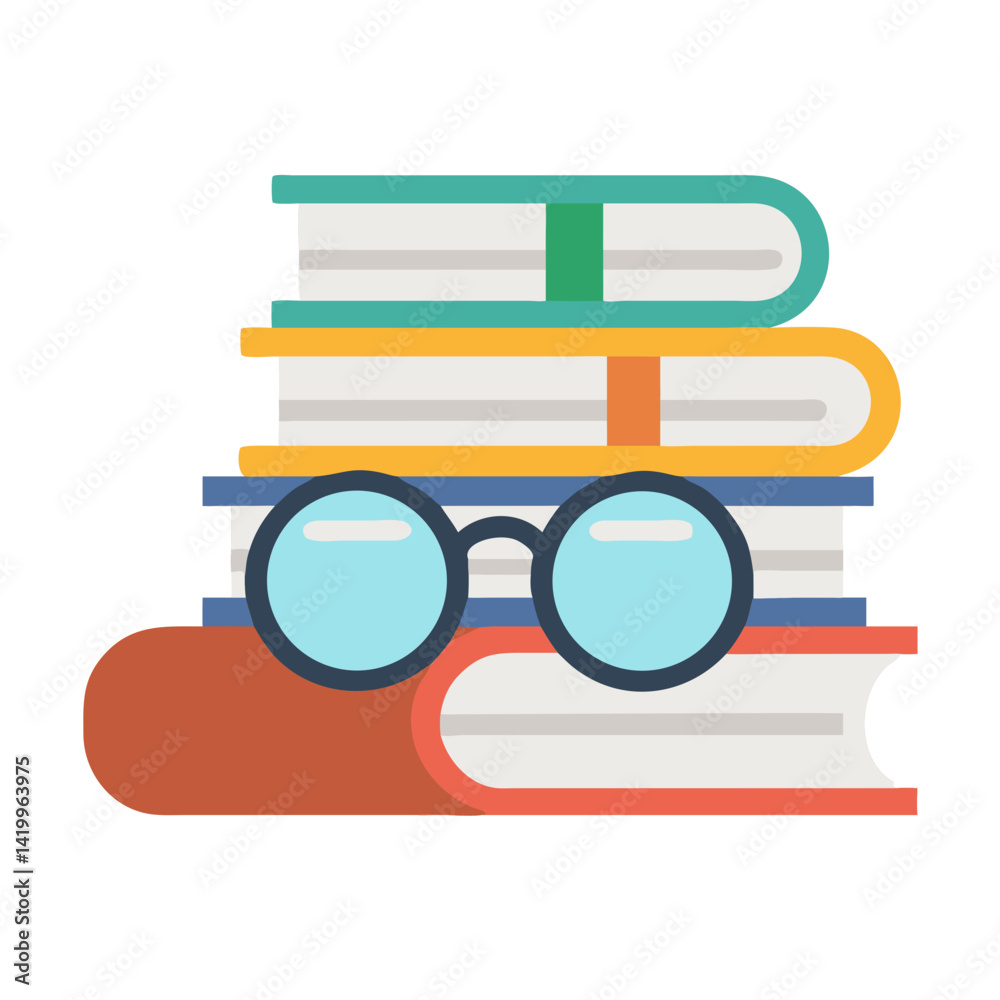 Poster stack of books with glasses icon representing study and knowledge acquisition