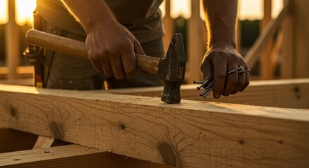 Carpenter using hammer and nails, photo