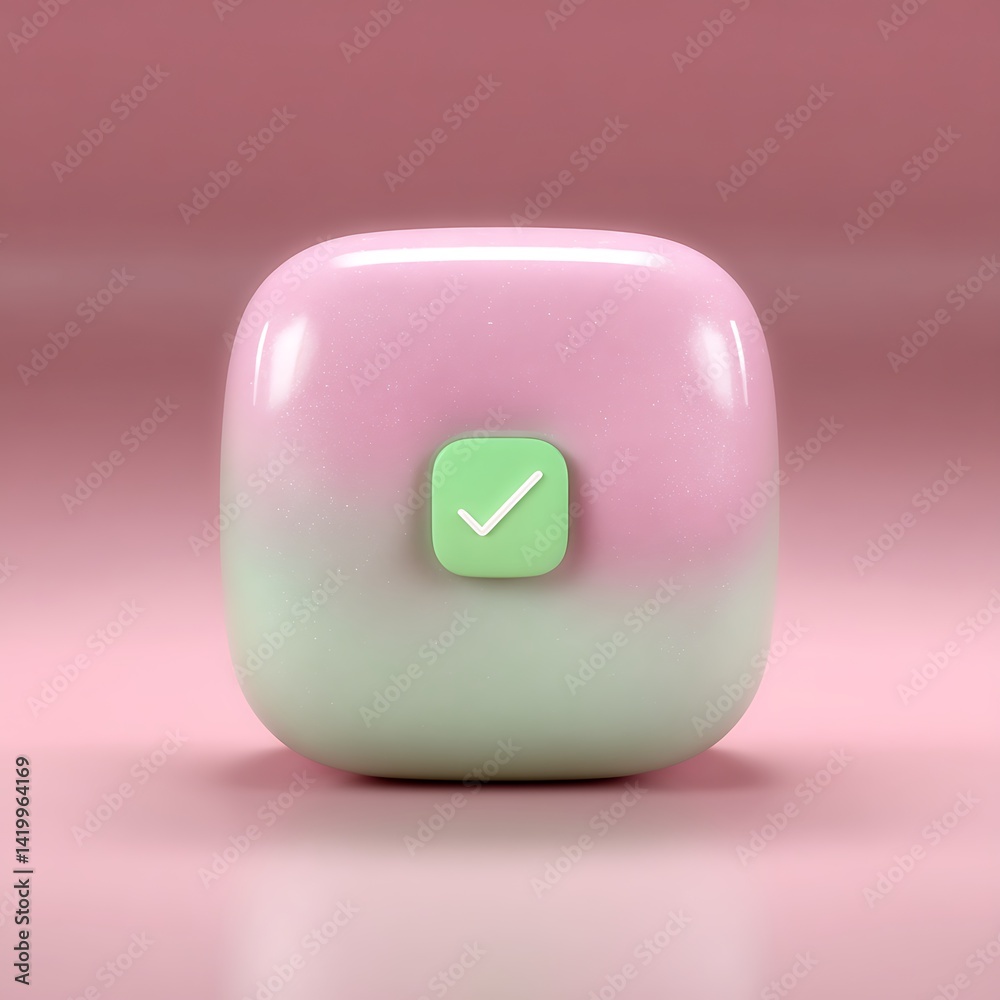 Poster 3d rendering of gradient cube shape with check mark icon and pink green colors on surface
