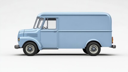 A light blue-colored food truck, equipped with two windows and a serving counter, stands out in a studio shot with a white background