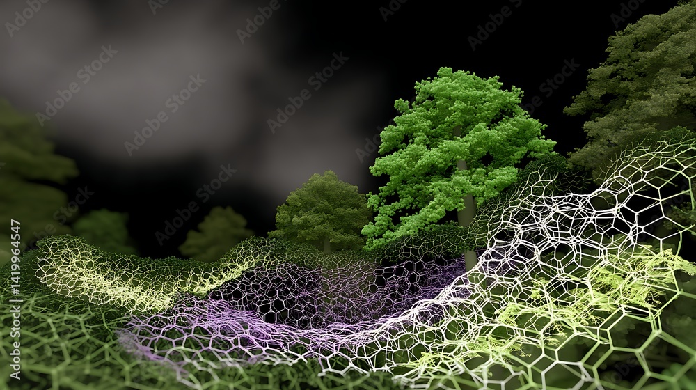 Poster 3d render of abstract landscape featuring trees and a complex hexagonal pattern under a cloudy sky.