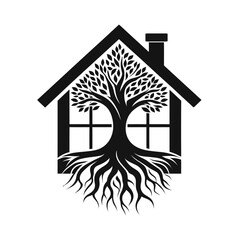 Tree growing through a house window silhouette black color logo on white background