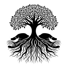 Obraz premium Tree with roots shaped like hands silhouette black color logo on white background 