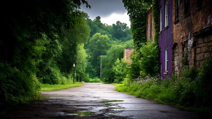 Naklejka premium Abandoned Purple Building Along an Overgrown Road with Lush Greenery and Forest Backdrop Scenery.
