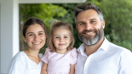 Fototapeta premium Happy Family Portrait with Young Daughter, Natural Light, High-Resolution Photo, Portrait Close-Up, Genuine Smiles, Outdoor Setting, Warm, Joyful Tones, Ideal for Family Websites