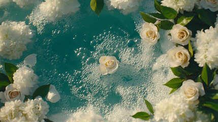 Floating Floral Fantasy: A serene tableau unfolds as delicate white roses and fluffy clouds of flower petals gracefully float upon the surface of clear, inviting water.