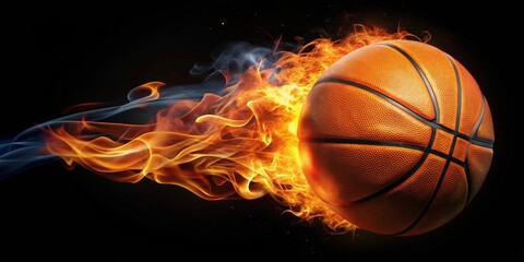 A burning basketball on a black background with flames rising from its surface, sports, fire,  sports, fire, stadium