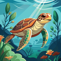 A serene sea turtle glides gracefully through sunlit waters, surrounded by a tranquil underwater landscape.